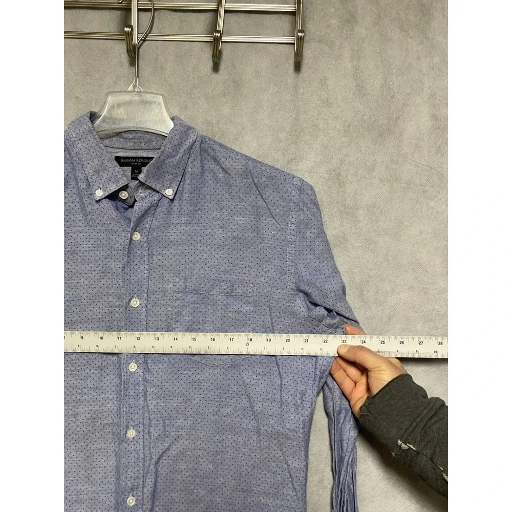 Banana Republic Shirt Men M Blue Dots Geometric Linen Cotton Button Up Slim AOP‎